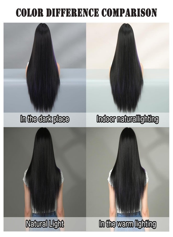 7JHH WIGS Long Straight Purple Highlight Wig with Bangs 27in Natural Heat Resistant Fiber Synthetic Half Black Half Purple Layered Wigs for Women Girls Holiday Chrismas Daily Party Used - Image 5